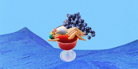 Three women in retro-style swimsuits long on delicious cocktail with grapes decoration on abstract blue background. Contemporary art collage. Concept of summer, cocktail, vacation, creativity