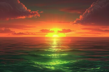 Obraz premium A breathtaking green flash over the ocean at sunset, illuminating the horizon with a mystical glow, realistic style, high detail illustration