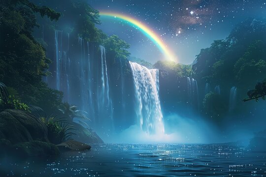 A stunning moonbow arcing over a tranquil waterfall, the night sky filled with stars, soft and ethereal glow, realistic style, detailed illustration