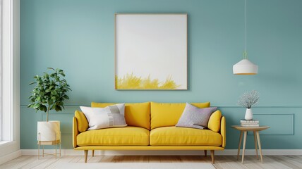 A vibrant living room design featuring a bold yellow sofa with colorful throw pillows, set against a light blue wall adorned with abstract art
