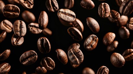 Fototapeta premium Falling Coffee Bean Banner: Roasted Bean in Air on Black Background - Concept of Coffee Celebration