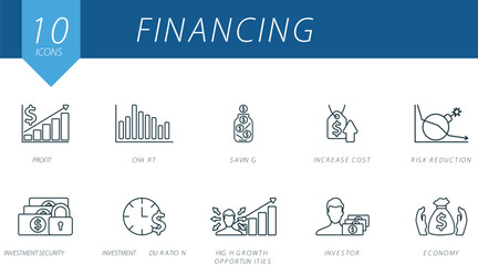 Fototapeta premium Financing outline icons set. Creative icons: profit, chart, saving, increase cost, risk reduction, investment security, investment duration, high growth opportunities, investor, economy.