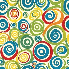Abstract seamless pattern with colorful swirling circles on a light background.