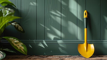 Yellow-handled shovel leaning against a green wall indoors