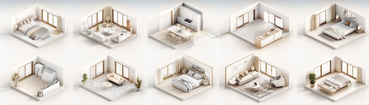 Isometric illustrations of 10 different room layouts.