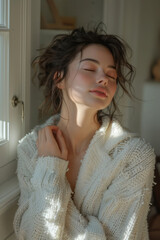 Naklejka premium A woman applying a luxurious cream to her neck and dÃ©colletage, in an elegant and aesthetically pleasing space,