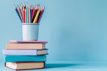 Stack of colorful books and pencils in a cup on a blue background