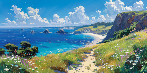 紫陽花と青空に虹がかかる風景