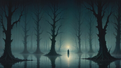 Obraz premium Haunting, gothic landscape with a lone cloaked figure, shrouded in darkness, stands at the edge of a misty lake's eerie stillness, surrounded by towering trees, facing the twilight full moon glow.