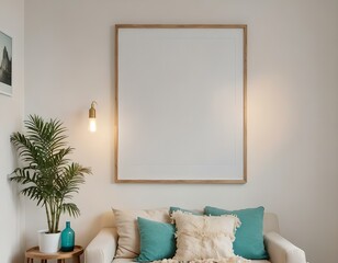 Den, Empty photo frame, display, art, mock up 3D home interior design with minimalistic layout. Clean and crisp linen cotton pillows and plants with warm lighting. 