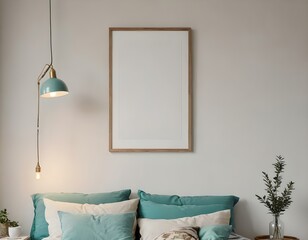 bed, Empty photo frame, display, art, mock up 3D home interior design with minimalistic layout. Clean and crisp linen cotton pillows and plants with warm lighting. 