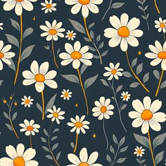 Obraz premium Seamless pattern with white daisies and green leaves on a dark blue background.