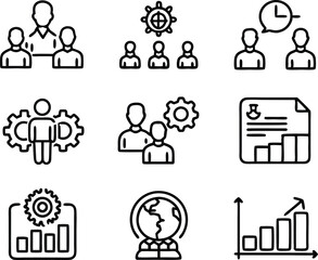 set of management icon illustration. enterprise, analysis, businessman, web, strategy, workplace, safety, communication, solution, worker