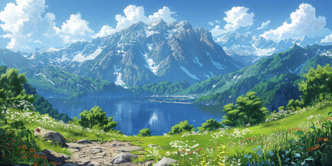 紫陽花と青空に虹がかかる風景