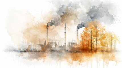 Watercolor painting depicting industrial pollution with smoke stacks and trees.  The painting is done in shades of grey, brown, and orange.