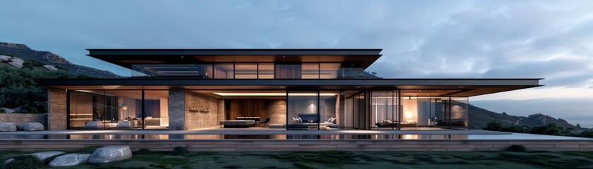 Fototapeta premium Modern home with large windows and a spacious patio.