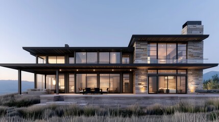 Modern, sleek home with large windows and a stone exterior. The home is situated on a grassy hilltop with a view of the surrounding landscape.