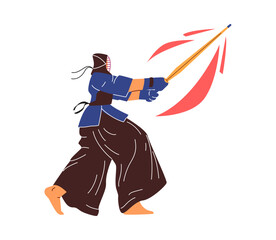 Kendo fighter wear protective clothing and mask with bamboo sword fencing, vector Japanese martial art, combat sport