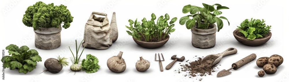 Wall mural small potted plants and gardening tools on a white background.