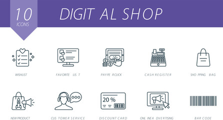 Fototapeta premium Digital shop outline icons set. Creative icons: wishlist, favorite list, pay per click, cash register, shopping bag, new product, customer service, discount card, online advertising, bar code.