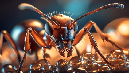Fototapeta premium Observing an ant carefully navigating water droplets, emphasizing intricate details and unique lighting effects