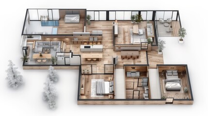 Top-down view of a modern house floor plan with three bedrooms, a living room, kitchen, and bathroom.