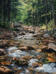 Stream flowing through rocky terrain, surrounded by dense forest, vibrant greenery, detailed and tranquil,