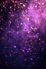 Golden confetti cascade, violet hue, shimmering light, festive mood.