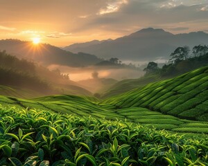 Dawn light spreading over a verdant tea plantation, misty mountains in the backdrop, soft golden hues enhancing the greenery, wide-angle shot for a tranquil scene