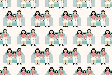 Colorful seamless pattern background with family illustration