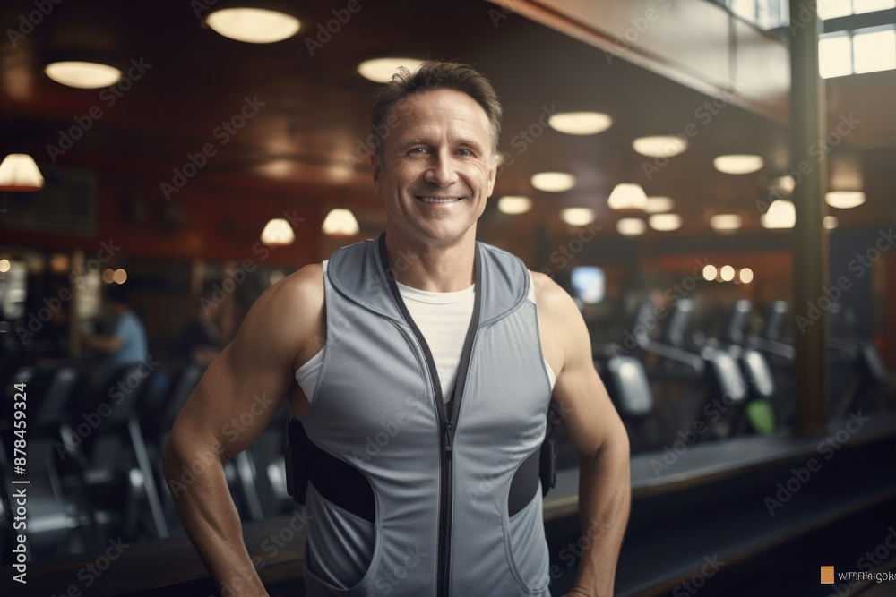 Poster Portrait of a blissful man in his 40s wearing a lightweight running vest isolated in dynamic fitness gym background