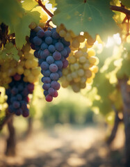 vineyard, clusters of ripe grapes hang from the vines, 
