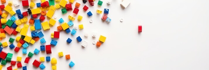 Fototapeta premium Colorful Plastic Building Blocks Scattered on White Background