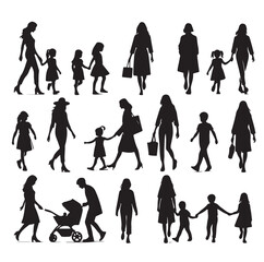 Set of Silhouette Walking People and Children. Illustration Vector 