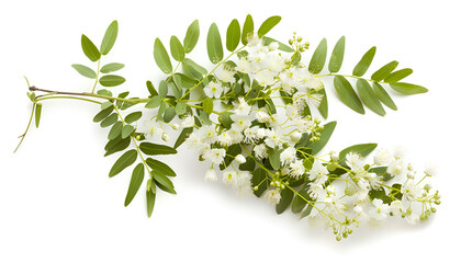 Blossoming acacia with leafs isolated on white background, Acacia flowers