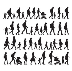 Set of Silhouette Walking People and Children. Illustration Vector 