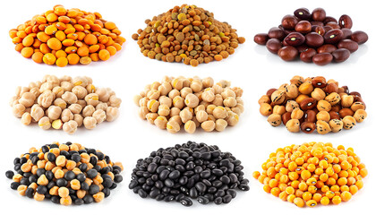 Fototapeta premium Collection set of Various dried kidney legumes beans, soybeans, lentils, chickpeas close up isolated on white background
