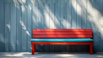 Red bench with blue cushion against a blue wooden wall in the shade.