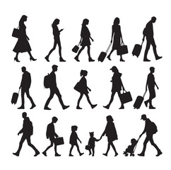 Set of Silhouette Walking People and Children. Illustration Vector 