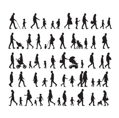 Set of Silhouette Walking People and Children. Illustration Vector 