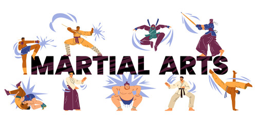 Vector illustration of dynamic martial arts. Collection on isolated background.