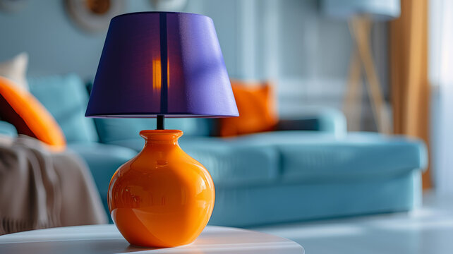 Orange lamp with purple lampshade in a modern living room.