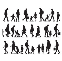 Set of Silhouette Walking People and Children. Illustration Vector 