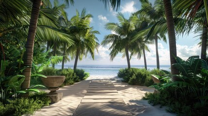 Palm tree-lined beach with a stone podium, tranquil and scenic setting
