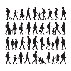 Set of Silhouette Walking People and Children. Illustration Vector 