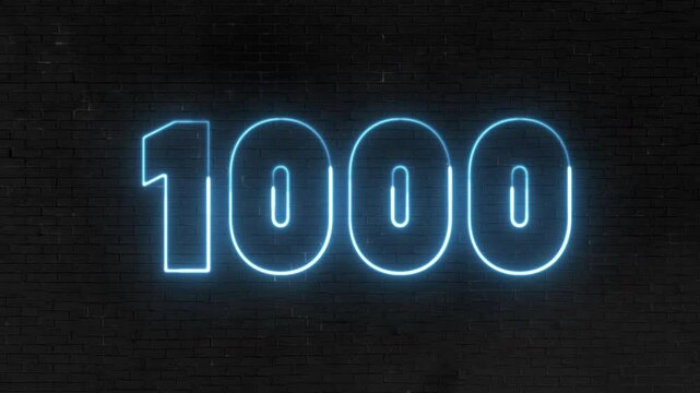 1000 Electric blue lighting text with black background. 1000 Number. One thousand neon sign.