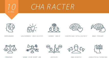 Character outline icons set. Creative icons: open-minded, unlocking new abilities, shared mind, emotional intelligence, mind trigger, principles, sensory perception, dispute, awareness, analytical