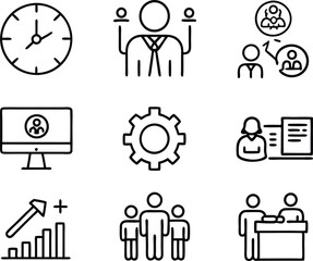 set of management icon illustration. enterprise, analysis, businessman, web, strategy, workplace, safety, communication, solution, worker