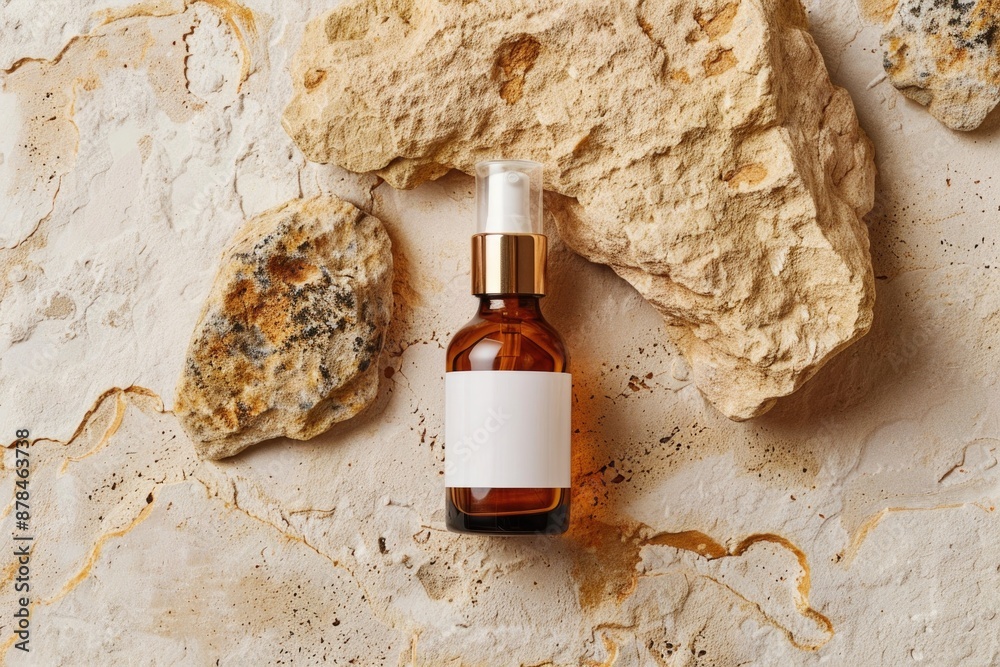 Wall mural glass spray bottle. amber bottle with white label on stone with natural beauty background