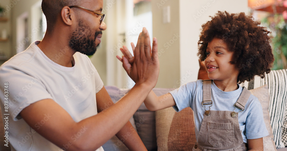 Sticker Happy father, teamwork and high five with son for achievement, victory or bonding together at home. Dad, young child or little boy touching with smile for winning, congratulations or good job on sofa